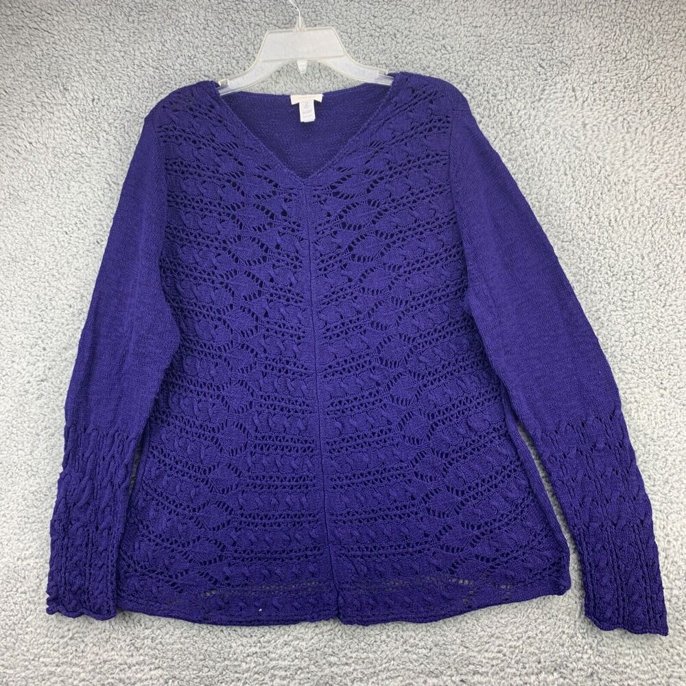 Chicos Womens Sweater Size 2 Blue Purple Open Knit Long Sleeve Pullover V Neck